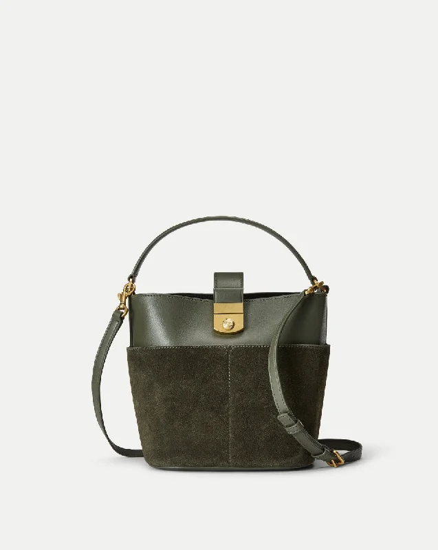 Small Suede Crest Lock Bucket Bag Trendy Handbags At Limited-Time Discounts