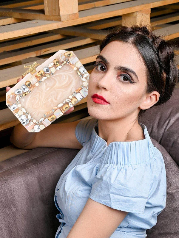 Odette Women Off White Resin Embellished Clutch