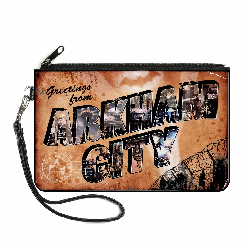 Canvas Zipper Wallet - LARGE - GREETINGS FROM ARKHAM CITY Postcard Tans/City Scenes