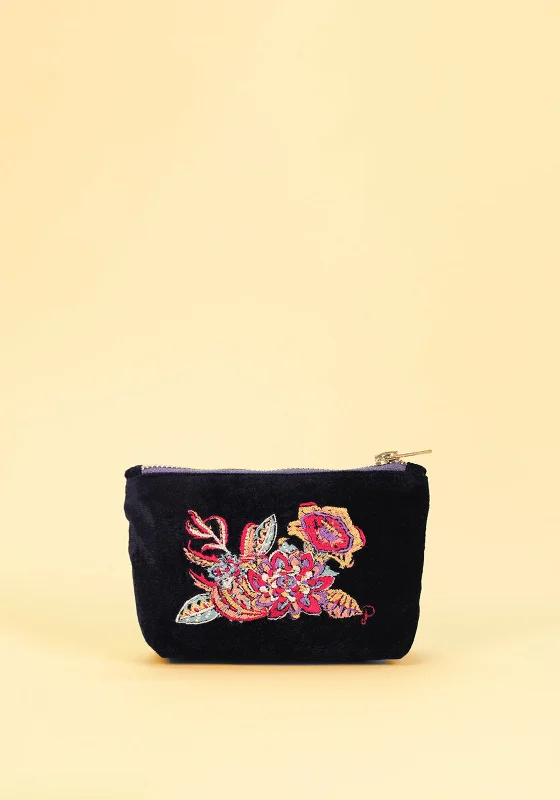 Powder Fantasy Floral Velvet Mini Pouch, Navy