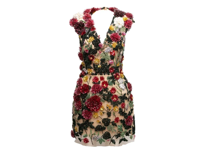 Red & Multicolor Oscar de la Renta 2023 Floral Beaded Mini Dress Size US 6