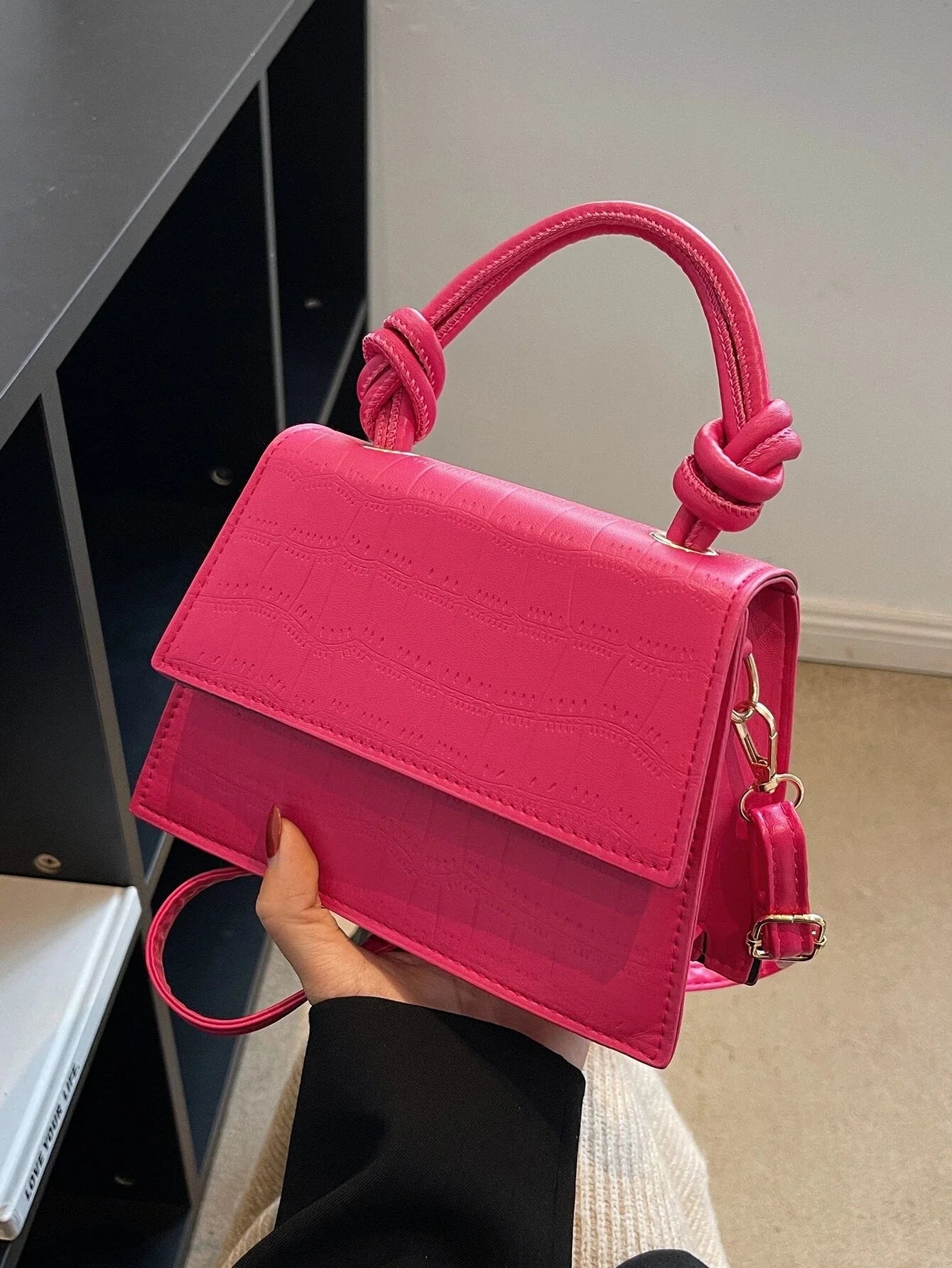 SHEIN Mini Crocodile Embossed Neon Pink Flap Square Bag