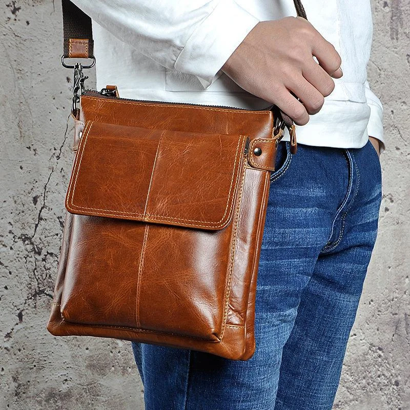 Cool Leather Mens Small Brown Messenger Bag Vintage Shoulder Bags For Men