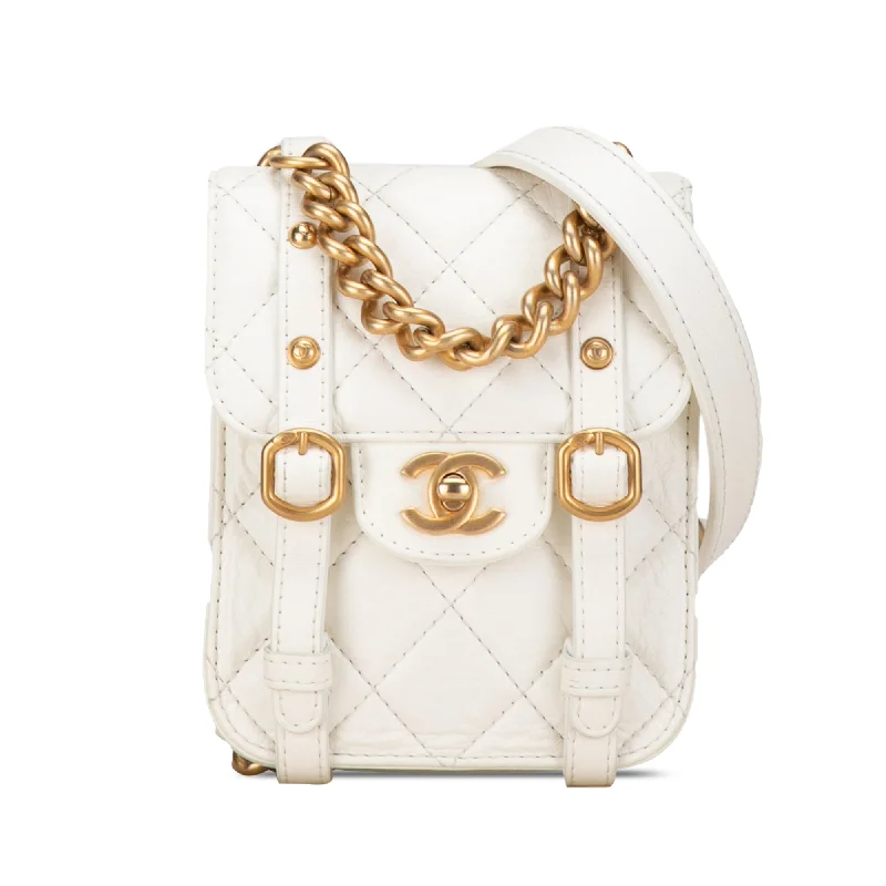 White Chanel Mini Crinkled Calfskin City School Flap Satchel