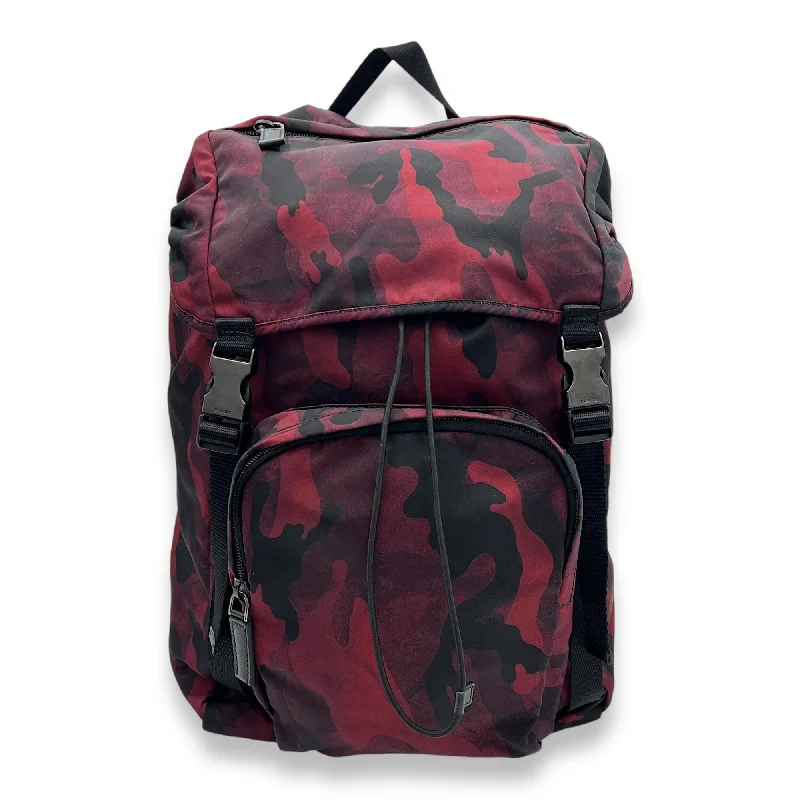 Camouflage Backpack Red in Nylon, Gunmetal hardware