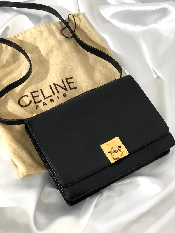 CELINE Gancini  Leather Crossbody Shoulder bag Black Vintage fiypr7