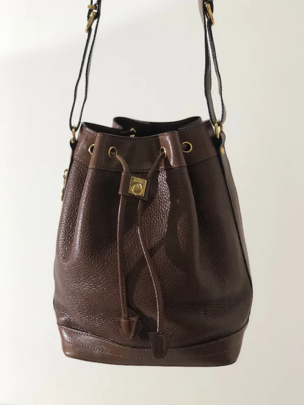 CELINE Gancini Leather Drawstring Shoulder bag Brown Vintage ex2exg